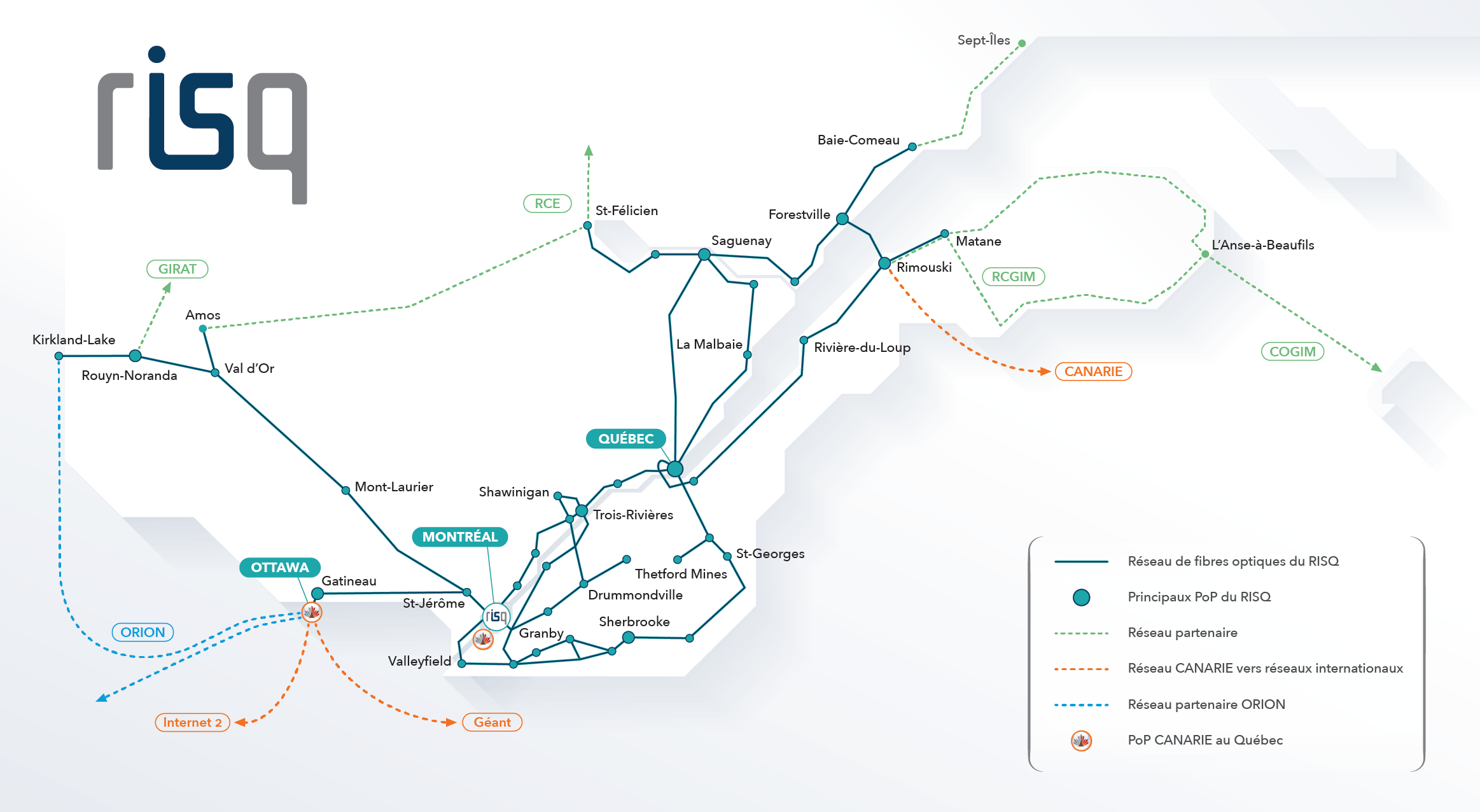 Carte du réseau du RISQ à travers le Québec
